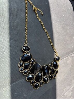 Black Faceted Statement Necklace with Gold tone Chain